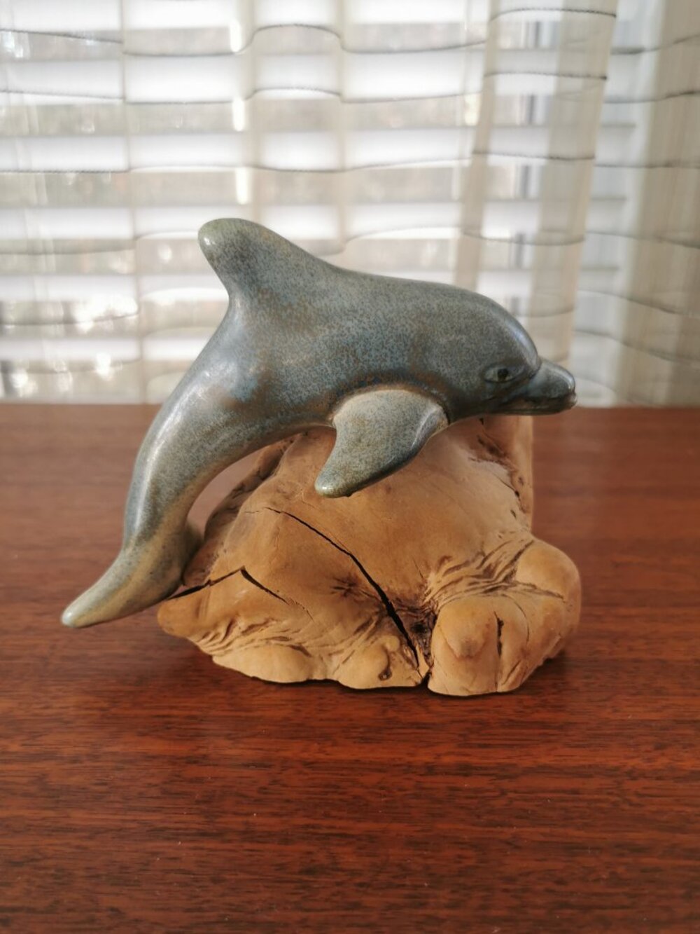 Cardee West Ceramic Dolphin on Burl Wood, VTG Roseburg Oregon Sculpture 6"